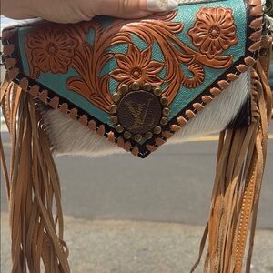 Custom Blue and Brown Clutch with Fringe